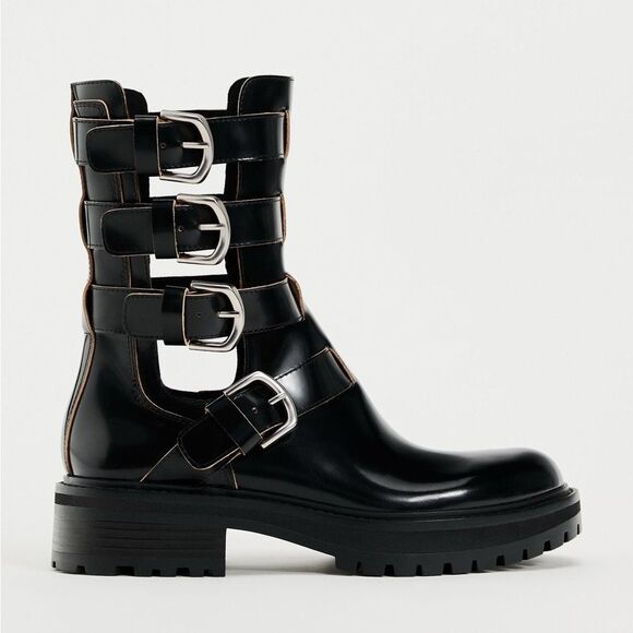 ZARA BUCKLED OPEN DETAIL LEATHER ANKLE BOOTS - Picture 4 of 6